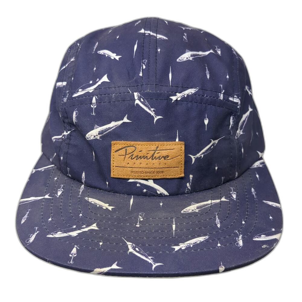 Primitive 5 Panel Blue White One Size Fishing All Over Print Strapback hat